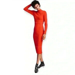 H&M bodycon midi sweater dress - neon orange - mock neck rib knit - womens small
